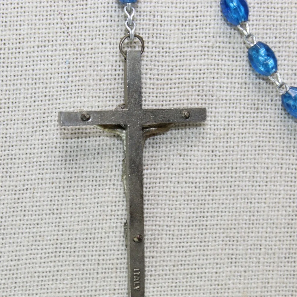 Vintage Rosary Blue Faceted Glass Bead Italy Crucifix Catholic Prayer Necklace